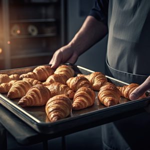baker holding a metal tray full of fresh croissants illuminated with a lovely light from the window.